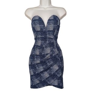 TRAC Blue Plaid Print Strapless Ruching Mini Bodycon Dress Small NWT